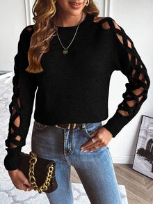 SHEIN Holidaya Cut Out Raglan Sleeve Crisscross Sweater,Long Sleeve Tops Knit Pullover Fall Winter Sweater - Black - View 4