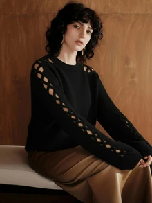 SHEIN Holidaya Cut Out Raglan Sleeve Crisscross Sweater,Long Sleeve Tops Knit Pullover Fall Winter Sweater - Black - View 9