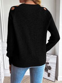 SHEIN Holidaya Cut Out Raglan Sleeve Crisscross Sweater,Long Sleeve Tops Knit Pullover Fall Winter Sweater - Black - View 8