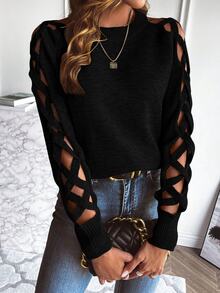 SHEIN Holidaya Cut Out Raglan Sleeve Crisscross Sweater,Long Sleeve Tops Knit Pullover Fall Winter Sweater - Black - View 7