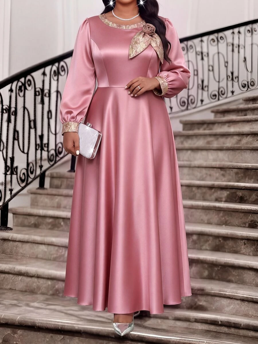 Fleurora Plus Size Women's Elegant Dress With 3D Floral Decoration, Round Neck, Long Sleeve - Dusty Pink - View 1