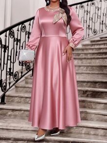 Fleurora Plus Size Women's Elegant Dress With 3D Floral Decoration, Round Neck, Long Sleeve - Dusty Pink - View 4