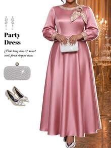 Fleurora Plus Size Women's Elegant Dress With 3D Floral Decoration, Round Neck, Long Sleeve - Dusty Pink - View 7