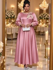 Fleurora Plus Size Women's Elegant Dress With 3D Floral Decoration, Round Neck, Long Sleeve - Dusty Pink - View 3
