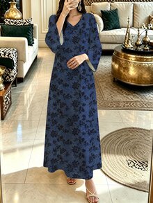 Lacomfia 女款藍色優雅V領長袖花卉圖案洋裝，可作為外套或疊穿工作洋裝，適合約會、度假、日常、休閒、派對、假日穿搭，春/夏女款長洋裝，花卉長洋裝復古洋裝，清新花卉圖案洋裝，藍色小花洋裝 - 藍色 - 查看 6