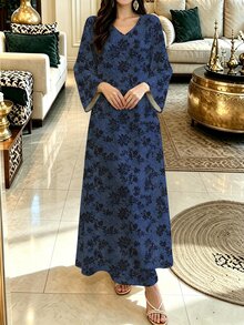 Lacomfia 女款藍色優雅V領長袖花卉圖案洋裝，可作為外套或疊穿工作洋裝，適合約會、度假、日常、休閒、派對、假日穿搭，春/夏女款長洋裝，花卉長洋裝復古洋裝，清新花卉圖案洋裝，藍色小花洋裝 - 藍色 - 查看 4