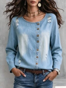 SHEIN Holidaya เสื้อยืดขาดกระดุมหน้า - สีน้ำเงิน - ดู 1