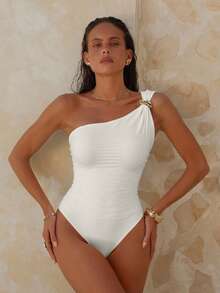 Swim Chiccia New Women's Knit Premium Elegant Solid White One-Shoulder Metal Trim Ruched Waist High-Cut One-Piece Swimsuit - Beige - View 1