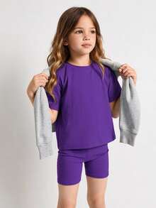 Maija Kids Maija Kids Young Girl Cotton Drop Shoulder Top & Biker Shorts Set - Violet Purple - View 2