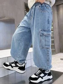 大童男孩時尚休閒 Y2K 復古酷炫街頭風 彈性鬆緊腰帶與工裝口袋設計 藍色寬鬆寬腿牛仔褲 適合兒童日常穿著 春夏季電音節慶 歡樂街頭風 返校季 - 淺色水洗藍 - 查看 4