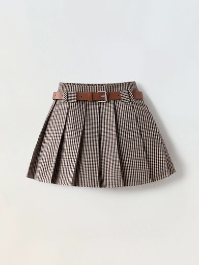 SHEIN x Tata & Beatriz Maija Kids Maija Kids Young Girl Vintage Plaid Fabric Pleated Skirt With Belt Plaid Skirt School Girl Skirt Girls School Uniform Skirt Brown Plaid Skirt Fall Winter