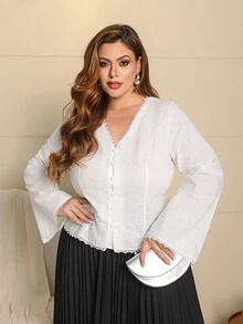Wellenrocha Plus Size Women's Solid Color Contrast Lace Bell Sleeve Single-Breasted Elegant Blouse Wide Leg Jeans Woman Button Down Blouse Fall - White - View 7