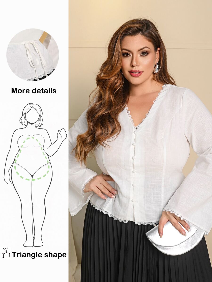 Wellenrocha Plus Size Women's Solid Color Contrast Lace Bell Sleeve Single-Breasted Elegant Blouse Wide Leg Jeans Woman Button Down Blouse Fall