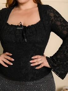 Wellenrocha Plus Size Women Black Black Ruffle Collar Flare Long Sleeve T-Shirt Top Fall - Black - View 4