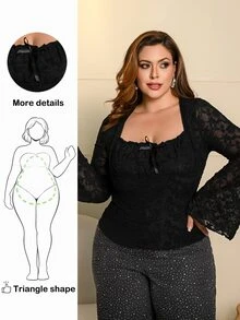 Wellenrocha Plus Size Women Black Black Ruffle Collar Flare Long Sleeve T-Shirt Top Fall - Black - View 1