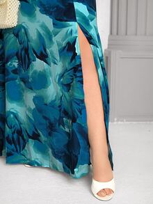 Wellenrocha Plus Size Women's New Floral Print Twist Front Tie Waist Design With Hem Slit, Suitable For Vacation And Dates - Multicolor - View 5