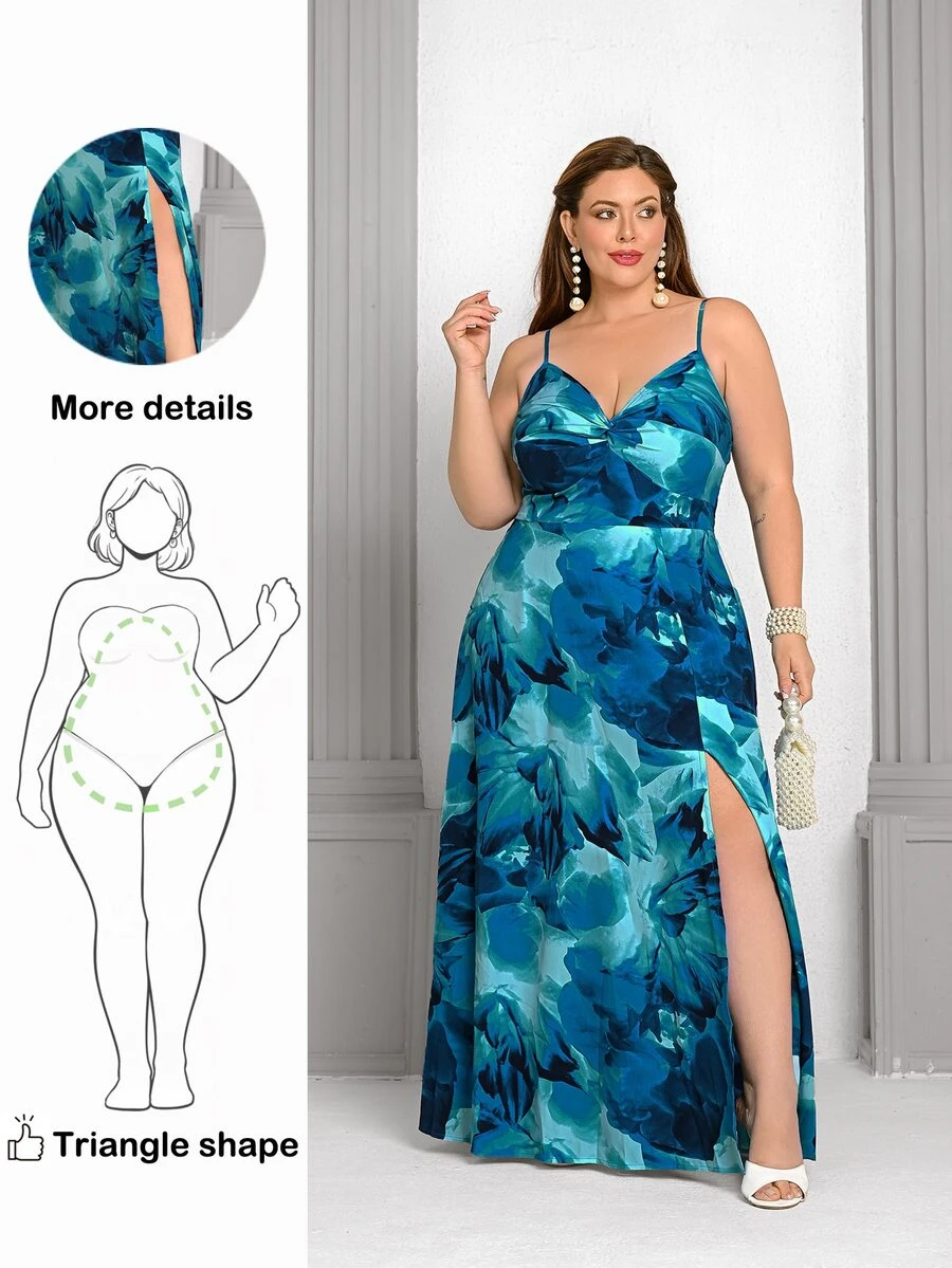 Wellenrocha Plus Size Women's New Floral Print Twist Front Tie Waist Design With Hem Slit, Suitable For Vacation And Dates - Multicolor - View 1