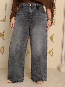 Wellenrocha Plus Size Relaxed Fit Straight Leg Blue Jeans,Fall Clothes For Women - Light Grey - View 4