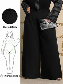 Wellenrocha Plus Size Women's Wide Leg Pants, Solid Apricot Color, Elegant Style, Fashionable For Commuting And Office Wear Fall - Black - View 1