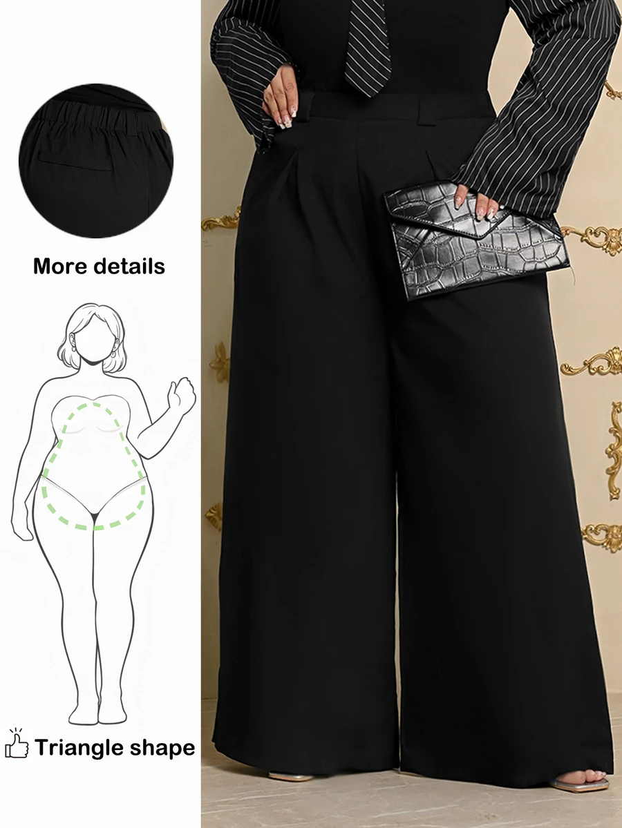 Wellenrocha Plus Size Women's Wide Leg Pants, Solid Apricot Color, Elegant Style, Fashionable For Commuting And Office Wear Fall - Black - View 1