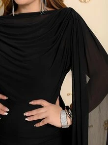 Wellenrocha Plus Size Women's Solid Color Elegant Asymmetric Hem Mini Dress, Black Dress Dinner Evening Summer - Black - View 6
