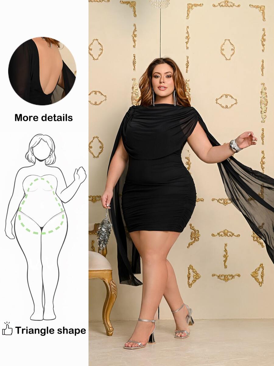 Wellenrocha Plus Size Women's Solid Color Elegant Asymmetric Hem Mini Dress, Black Dress Dinner Evening Summer