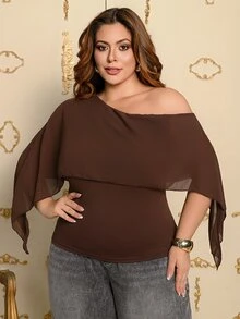 Wellenrocha Plus Size Women's Basic Autumn Minimalist Elegant French Style Commute Date Asymmetric Hem Cinched Waist Asymmetrical Shoulder Cape Top Fall - Brown - View 3