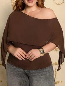 Wellenrocha Plus Size Women's Basic Autumn Minimalist Elegant French Style Commute Date Asymmetric Hem Cinched Waist Asymmetrical Shoulder Cape Top Fall - Brown - View 4