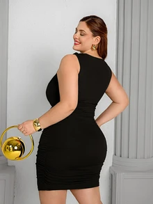 Wellenrocha Plus Size Metal Button One Shoulder Ruched Elegant Dress Party Black Summer - Black - View 4