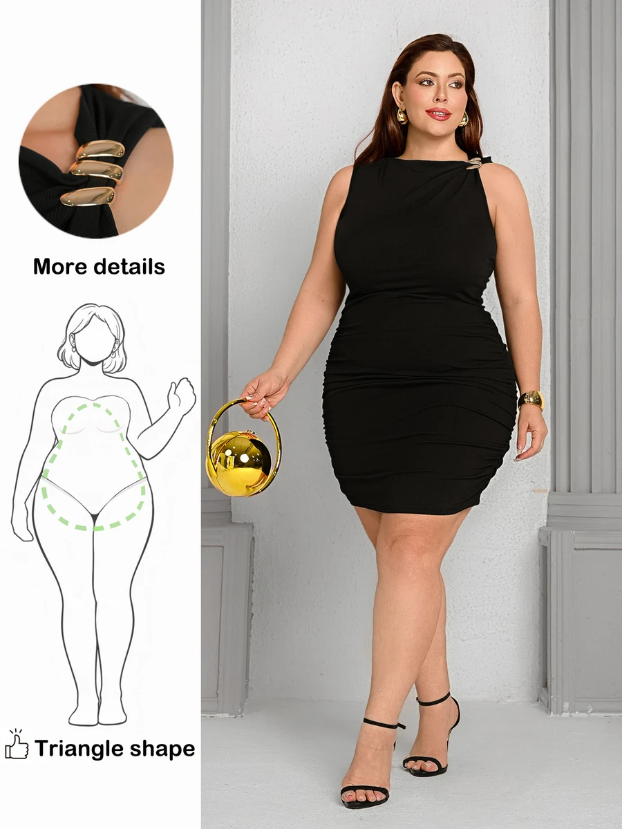 Wellenrocha Plus Size Metal Button One Shoulder Ruched Elegant Dress Party Black Summer - Black - View 1