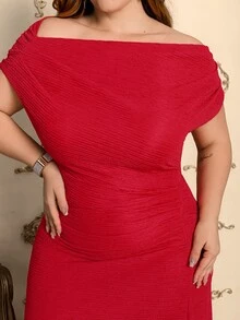 Wellenrocha Plus Size Women's Vibrant Multicolor Printed Pattern Elegant Off-Shoulder Maxi Dress - Red - View 5