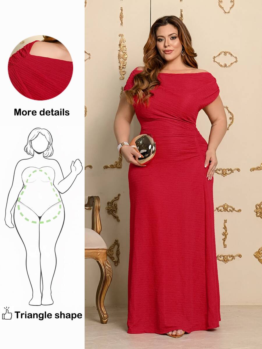 Wellenrocha Plus Size Women's Vibrant Multicolor Printed Pattern Elegant Off-Shoulder Maxi Dress - Red - View 1
