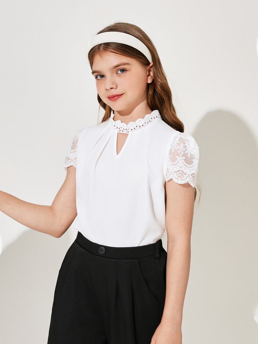 Maija Kids Maija Kids 兒童女孩休閒春夏编织蕾絲短袖衫 - 白色 - 查看 1