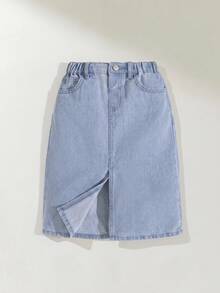 Maija Kids Maija Kids 年轻女孩休闲基本款蓝色牛仔裙，春夏波西米亚风裙子 - 淺色水洗藍 - 查看 6