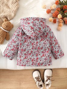 SHEIN 女嬰秋冬花卉連帽拉鍊外套，抓絨內裡加厚保暖外套，休閒日常穿著 - 酒紅色 - 查看 2