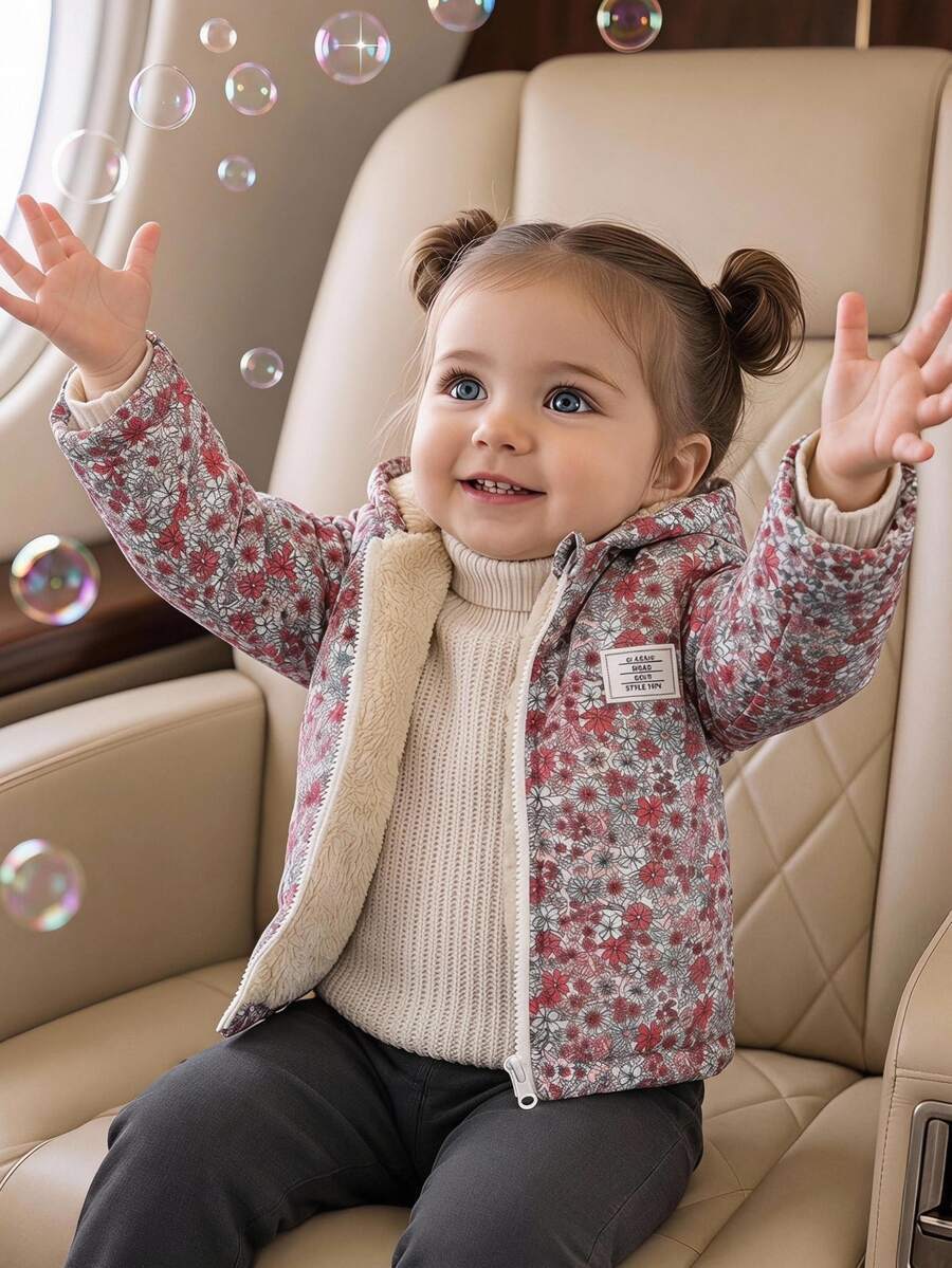 SHEIN 女嬰秋冬花卉連帽拉鍊外套,抓絨內裡加厚保暖外套,休閒日常穿著 - 酒紅色 - 查看 1