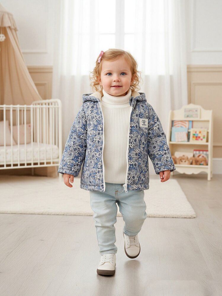 SHEIN Baby Girl Ditsy Floral Hooded Jacket, Zip Closure, Fleece Lined Coat, Autumn Winter Toddler Outerwear, Cute Floral Baby Girl Coat - Multicolor - View 3