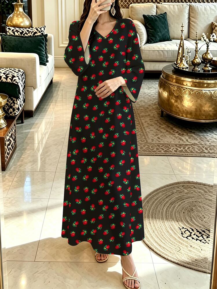 Lacomfia Women's Black And Red Elegant Modest V-Neck Long Sleeve Floral Dress, Wear As Outerwear Or Layering, Work Brunch Tea Party Dress - Black - View 5