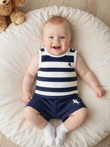 SHEIN Newborn Summer Baby Boy Sleeveless Shorts Set Navy Navy Blue Textured Striped Print Soft Pullover 1 Month Milestones Casual - Royal Blue - View 9