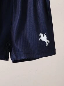 SHEIN Newborn Summer Baby Boy Sleeveless Shorts Set Navy Navy Blue Textured Striped Print Soft Pullover 1 Month Milestones Casual - Royal Blue - View 7