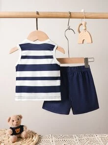 SHEIN Newborn Summer Baby Boy Sleeveless Shorts Set Navy Navy Blue Textured Striped Print Soft Pullover 1 Month Milestones Casual - Royal Blue - View 5