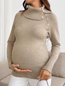 SHEIN Suéter de maternidad de cuello alto con diseño de abertura y manga larga para invierno - Caqui - Ver 7