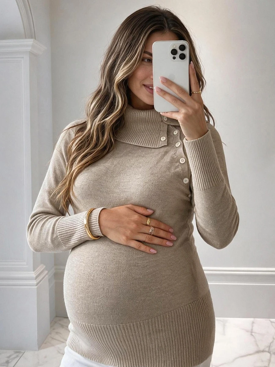 SHEIN Suéter de maternidad de cuello alto con diseño de abertura y manga larga para invierno - Caqui - Ver 1