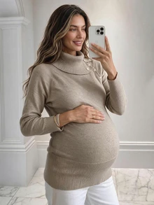 SHEIN Suéter de maternidad de cuello alto con diseño de abertura y manga larga para invierno - Caqui - Ver 3