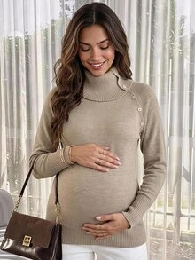 SHEIN Suéter de maternidad de cuello alto con diseño de abertura y manga larga para invierno - Caqui - Ver 2