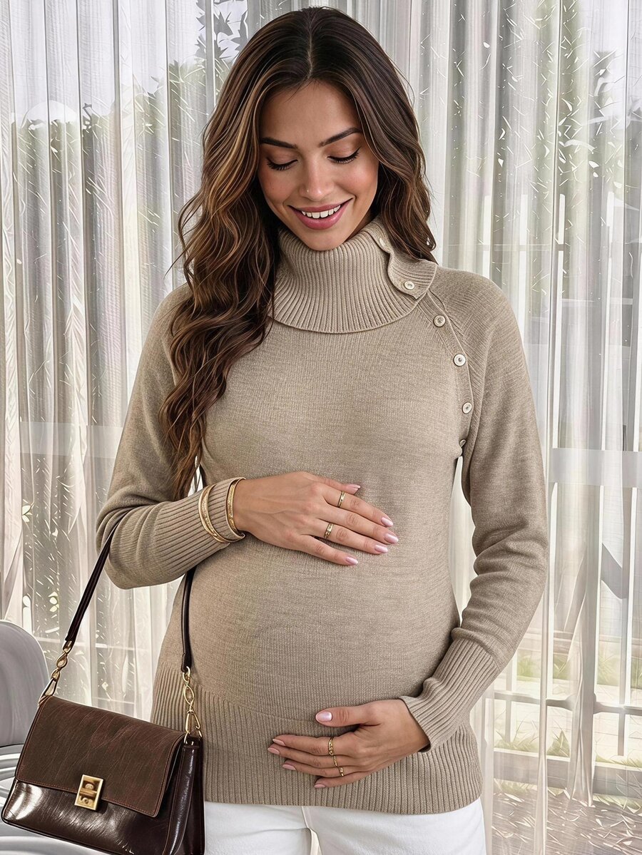 SHEIN Maternity High Neck Split Design Long Sleeve Sweater Winter - Khaki - View 1