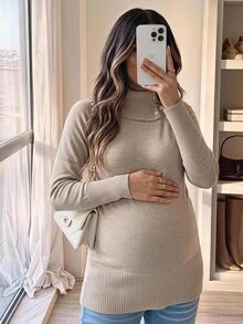 SHEIN Suéter de maternidad de cuello alto con diseño de abertura y manga larga para invierno - Caqui - Ver 9