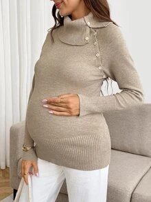 SHEIN Suéter de maternidad de cuello alto con diseño de abertura y manga larga para invierno - Caqui - Ver 8