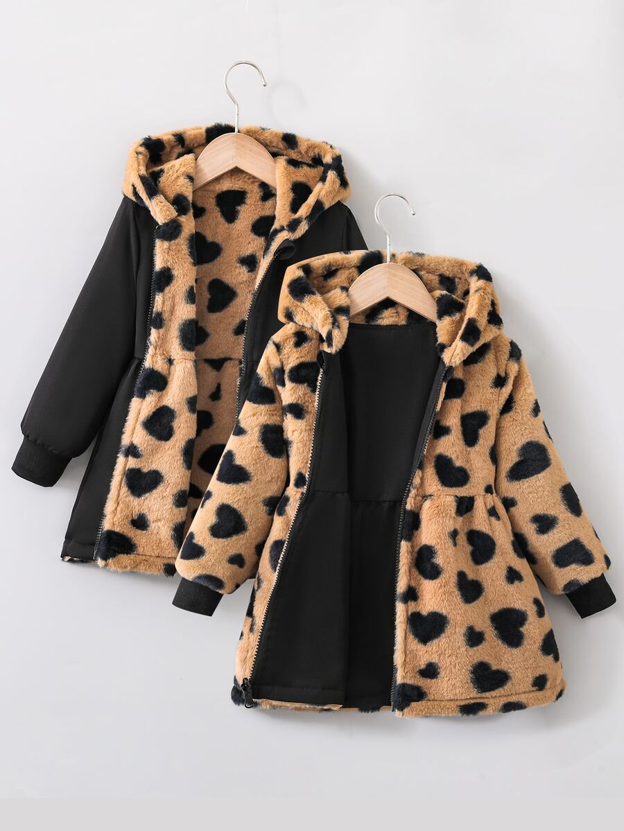 SHEIN Elladie kids 女童可正反穿連帽外套,愛心刷毛內裡,拉鍊長袖收腰可愛外套,適合秋冬日常穿著 - 咖啡棕 - 查看 1