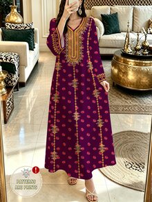Lacomfia 女款紫色優雅V領長袖花卉洋裝，可當外套穿或疊穿，適合上班、節慶、夜晚約會與度假 - 紅色 - 查看 4